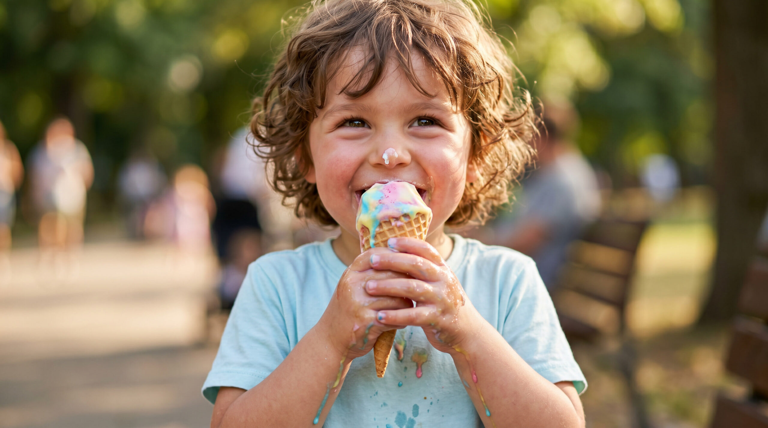 Young child enjoying a colorful ice cream cone during a summer afternoon in Bloomington-Normal, Illinois